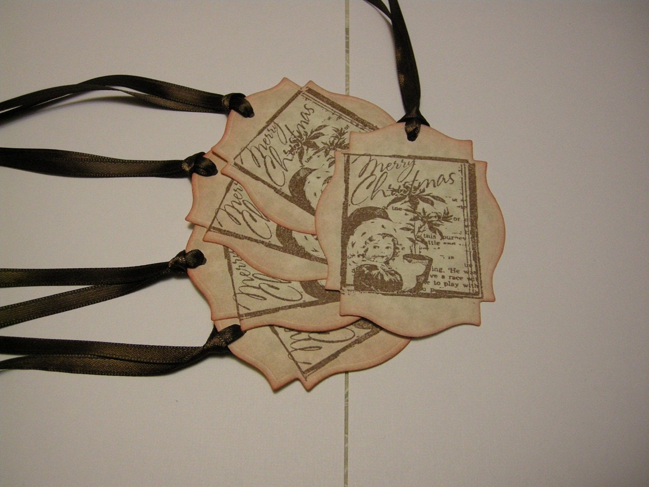 Vintage Style Merry Christmas Label Gift Tag - shabby chic style, doll, plant - Set of 5