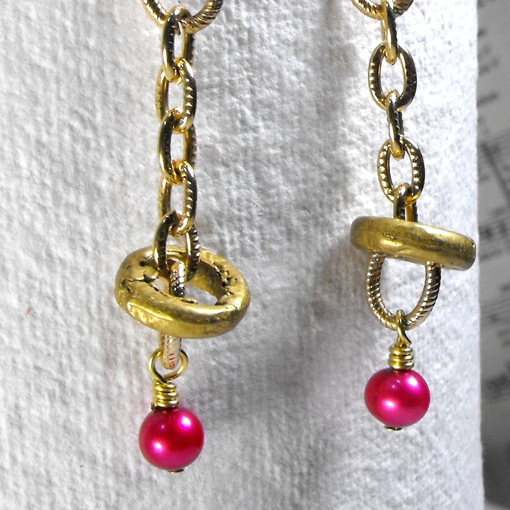 Funky pink pearl earrings with gold accents