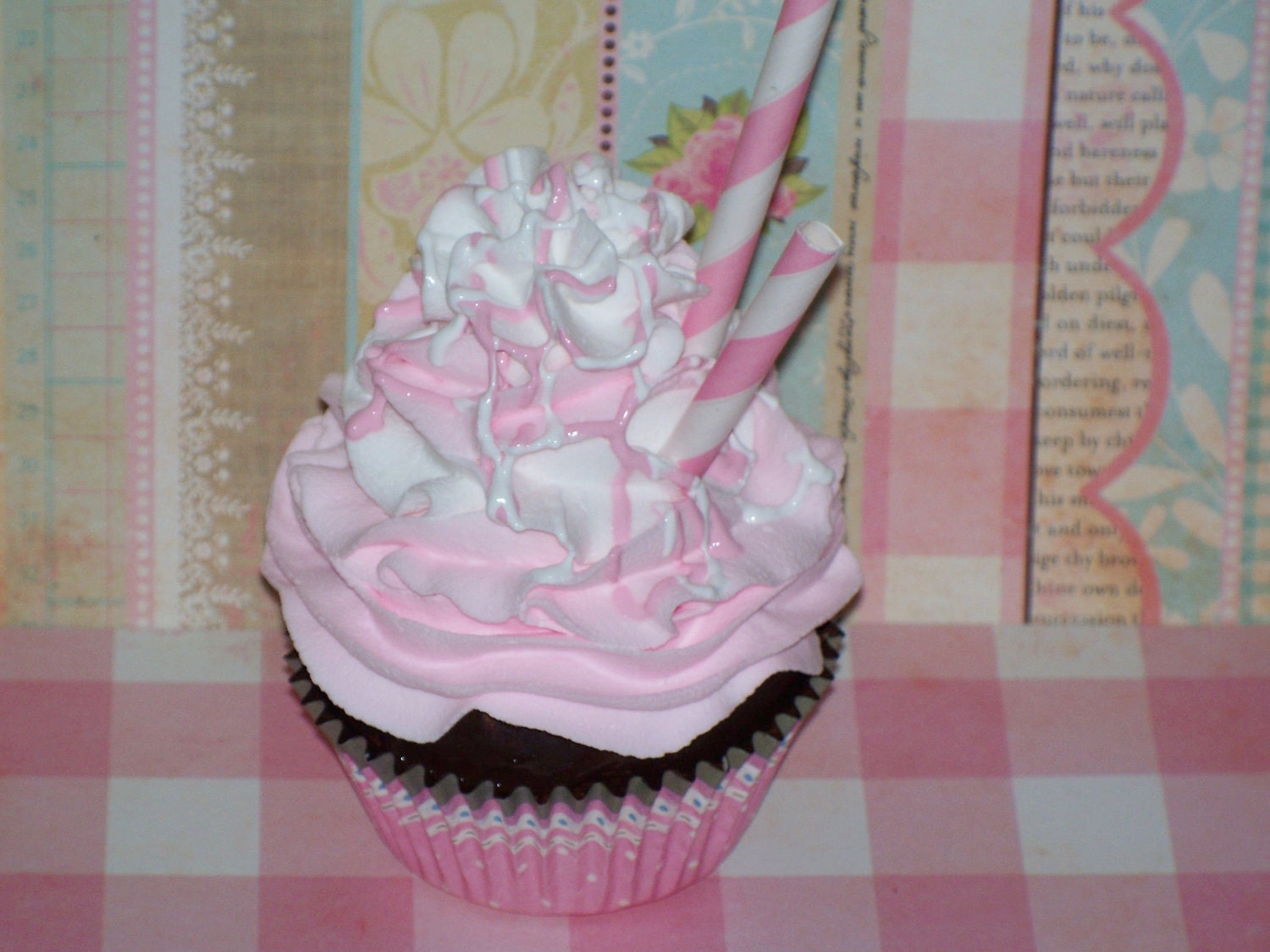 Shabby Cottage FAKE CUPCAKE, Pastel Pink and White, Chocolate Cake, perfect Photograhy Photo Prop, Home Decor, Unique Gift