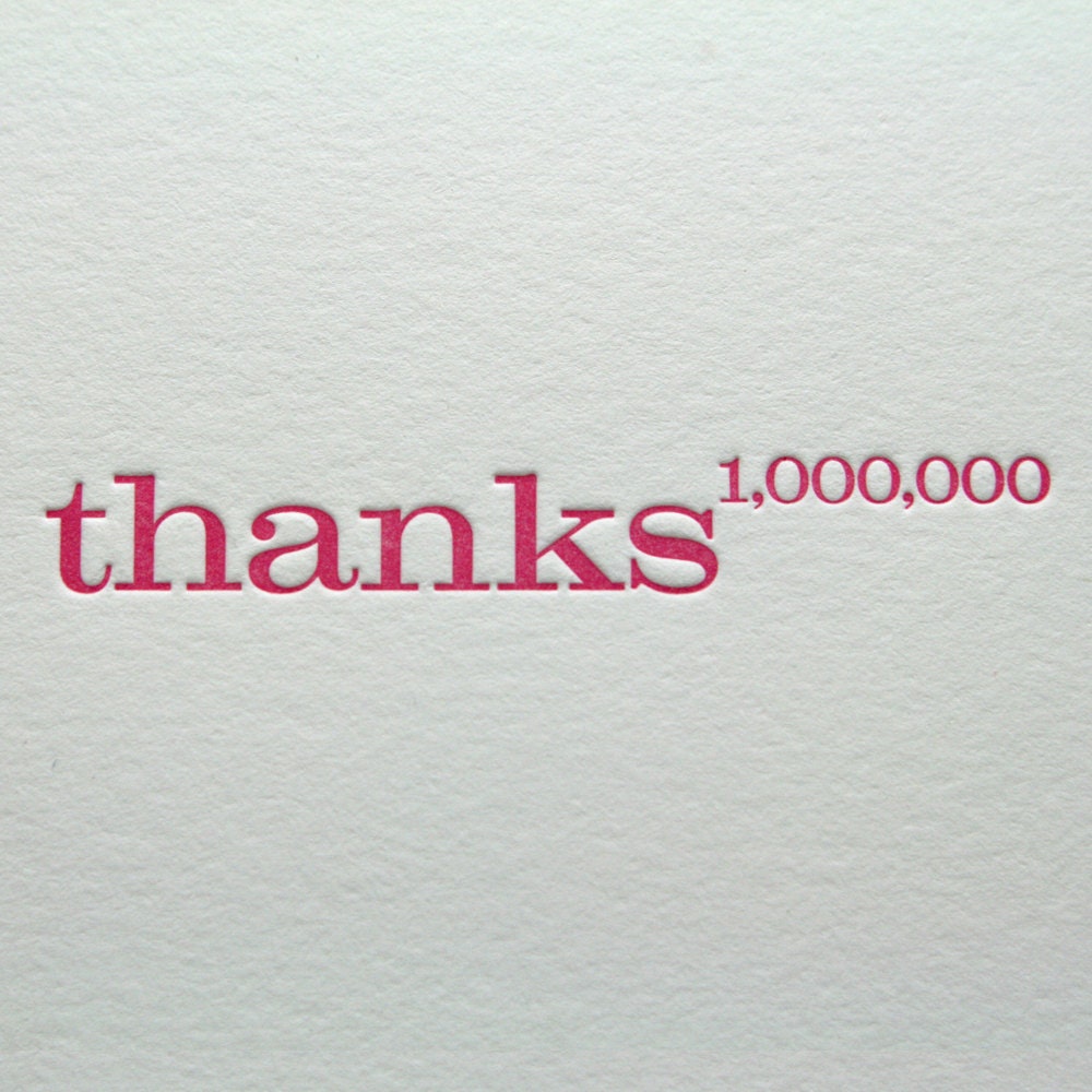 Letterpress Note Cards Thank You. Thanks a Million in Magenta 6-pack set