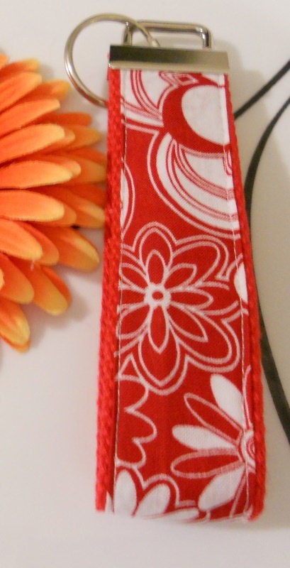 Key Fob Wristlet - Red with White Flower Design