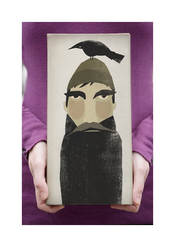 Lumberjack and Crow GRAPHIC ART COLLAGE on canvas panel 6x12 inches signed and dated