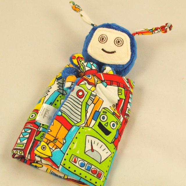 Robot Lovey Blanket, Soft Baby Toy, Blue Minky Robot Blankie for a Baby Boy