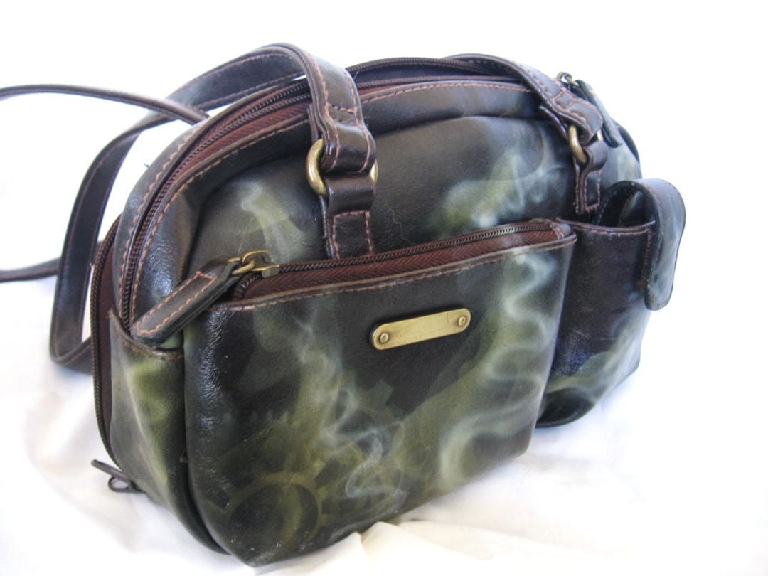 brown faux leather handbag steampunk billowing steam smoke hand painted airbrush
