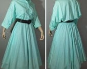Aqua Shirtwaist Dress /  Full Skirt / Vintage 80s does 50s /  L XL