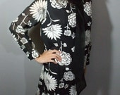 60s Mod Dress / Deadstock / Black White Floral Print / Vintage 1960s NOS / L XL