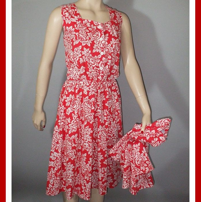 Sundress & Jacket / Red Roses Print / Vintage 80s Does 50s / L XL