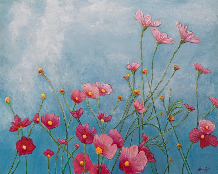 Cosmo, Pink, flower, Print, 8 x 10 inch with double mat, whimsical, clouds against a blue sky, happy cosmos reaching to the sky