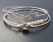 Romance - Delicate & Dainty Bangle Bracelet Set - Silver, Pearls