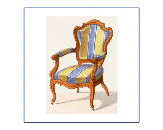 Bedroom Art French Blue Gold Stripe Chair Restored Reproduction Vintage Print 8 x 10