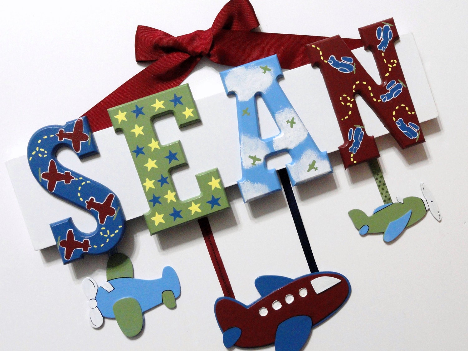 SALE - Airplane Baby Name Sign (5 Letters) - Custom Hand Painted Wood Letters with Planes Theme