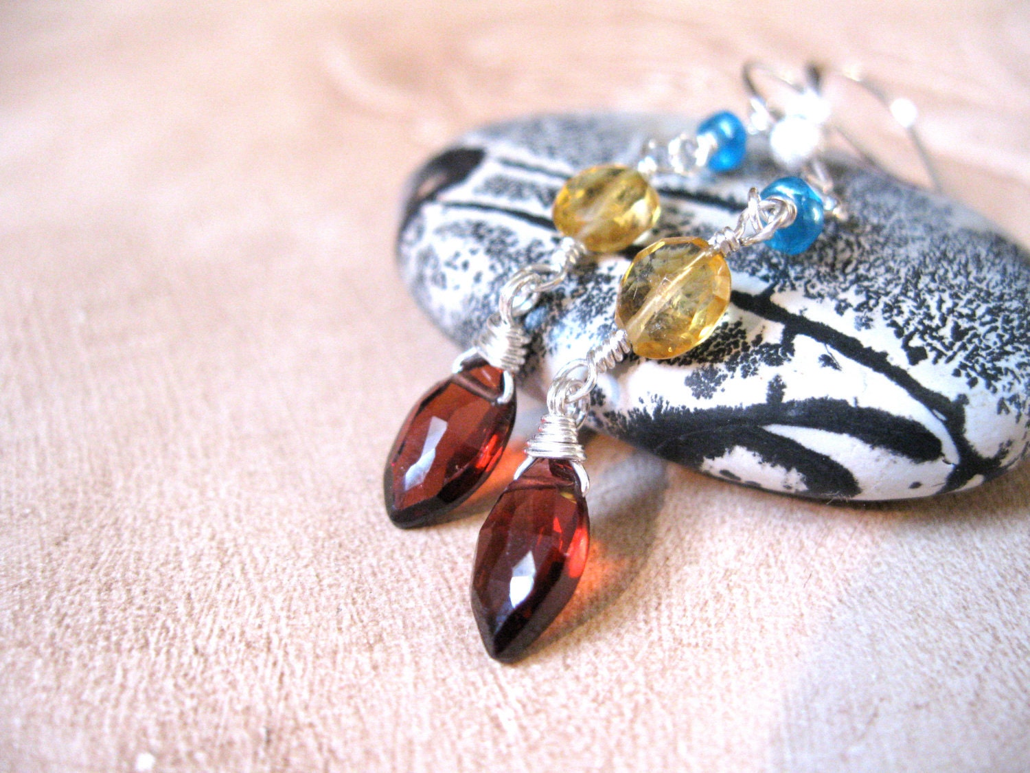 Garnet, Citrine, Apatite Silver Earrings