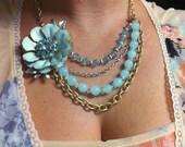 Powder Blue Asymmetrical Coro Flower Rose Brooch Vintage Assemblage Bib Statement Necklace Crystal Rhinestone Pearl, Powder Blue Baby