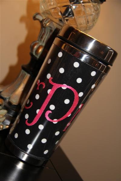 Personalized Embroidered Coffee Mug Travel Beverage Tumbler Stainless Steel BLACK and WHITE polka DOT