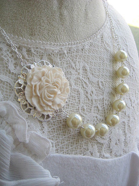wedding season SALE Bridal white ruffly flower assymetrical necklace on silver plated chain with FREE earring
