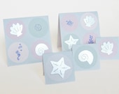 Ocean Sea Shells Notecard Set Blank Inside - Diecut Stamped and Embossed Set of 8 - Starfish, Nautilus Shell, Scallop Shell Metallic Diecut