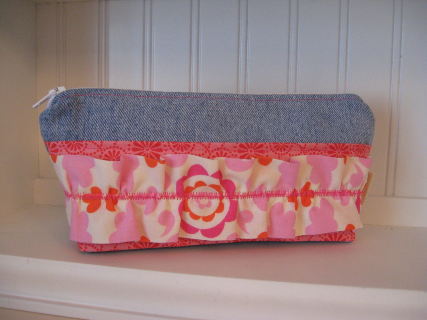 Denim Zippered Cosmetic Pouch with Pink Flowered Fabric Ruffle