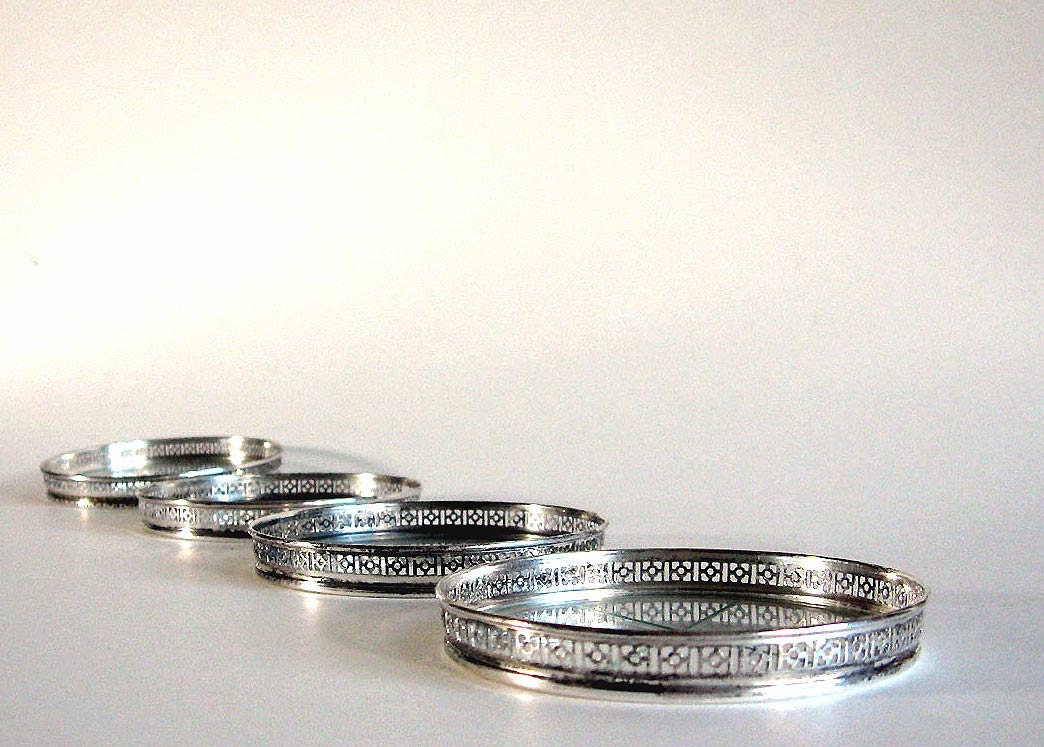 Coasters Sterling Silver Etched Crystal Webster Co. Set of 4