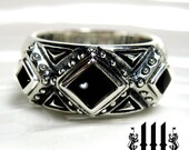 3 Kings Wedding Ring Mens Medieval Band Black Onyx Sterling Silver Size 9