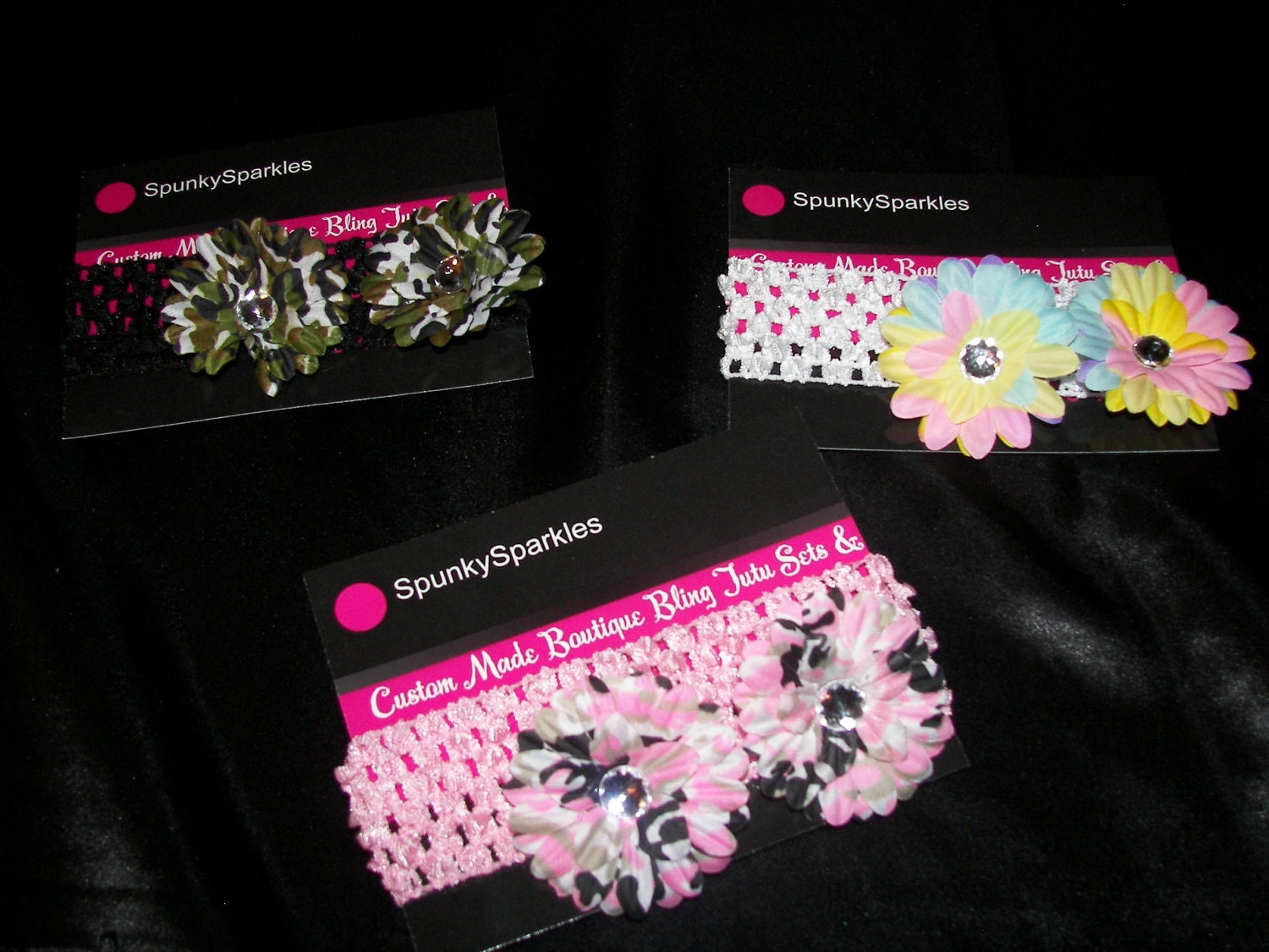 3 Sets of Mini Jeweled Flower Clips--Headbands Included--Camo Designs