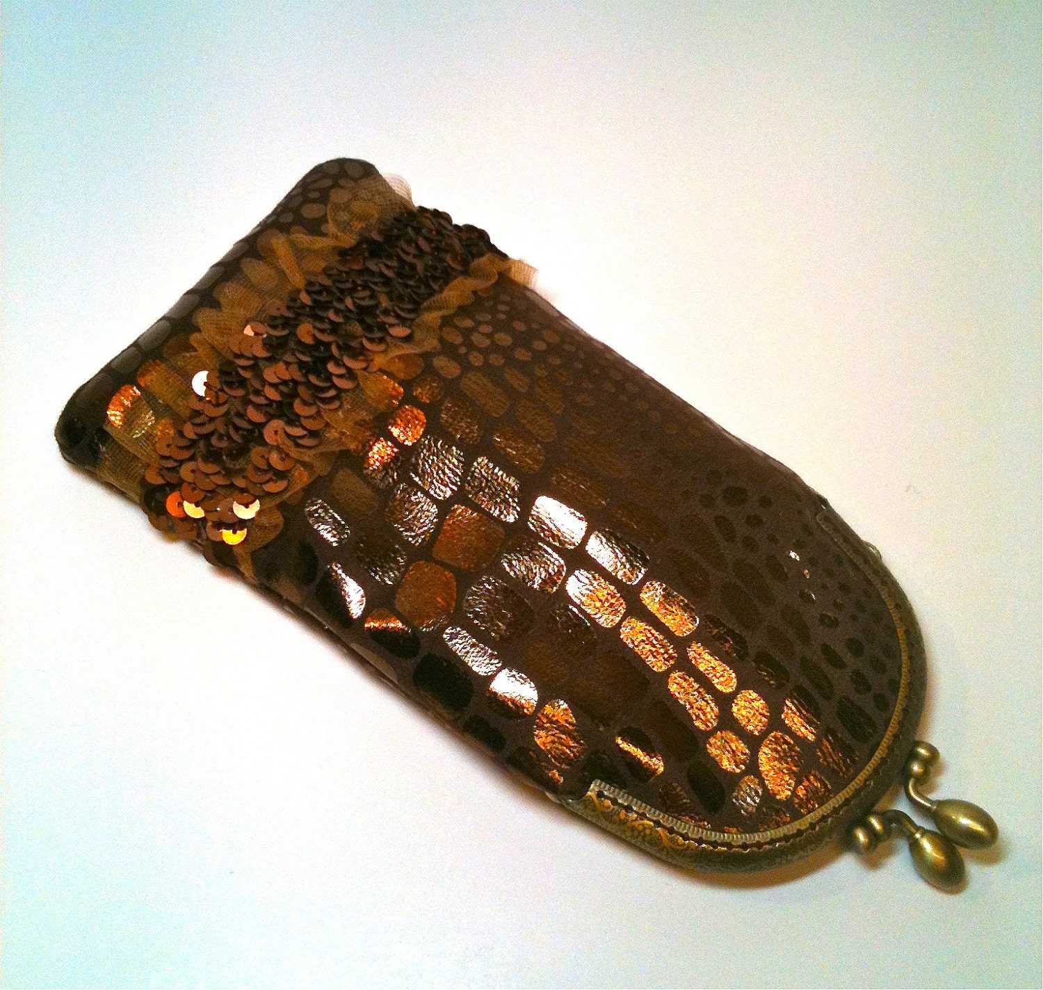 Eyeglass Case in Copper Microsuede and Copper Sequins with Ruffle