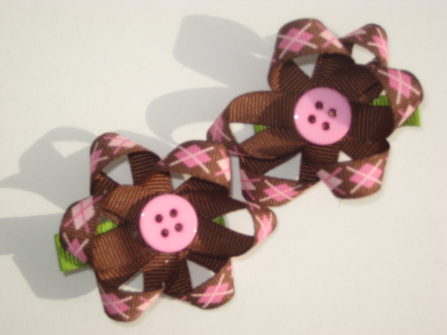 Pink and Brown Argyle Flower Clips
