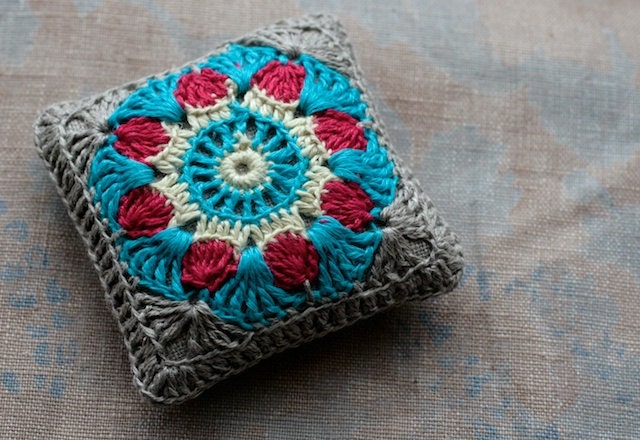 Linen  pincushion - crochet motif