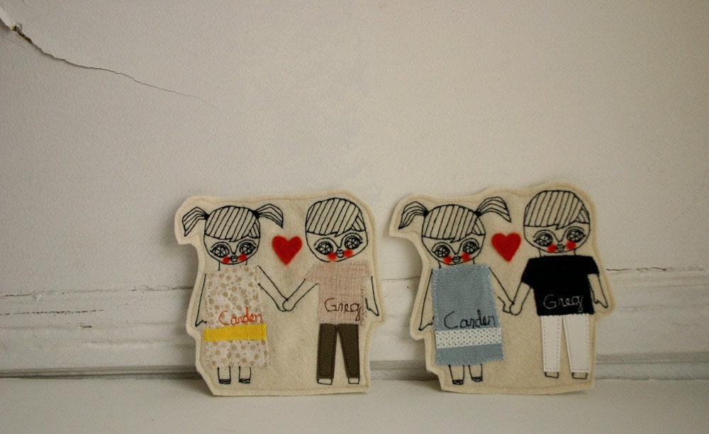 Book Marker couple  -  textile collage  -  custom order