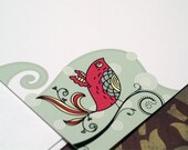 Flat Note Card Set of 6 - Blank Notecard Set - Green and Pink Bird Note Cards - Retro Mod Bird Notecards - Matte Paper - Vector Art