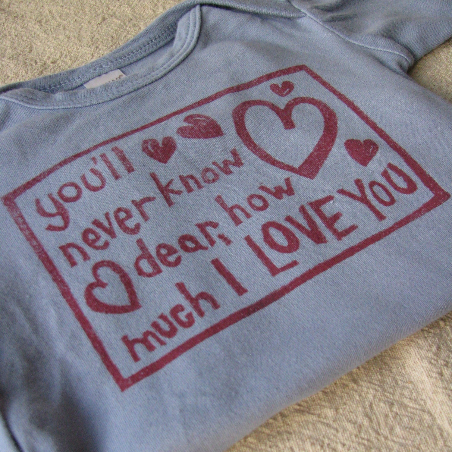 Block Print Onesie, You'll Never Know Dear, Hand-Dyed -  6 to 12 Month Size