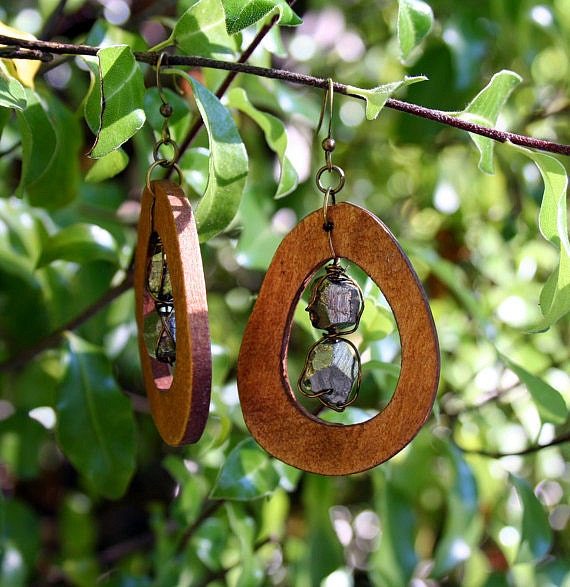 Natural Wood and Pyrite Wire Wrapped Dangle Earrings