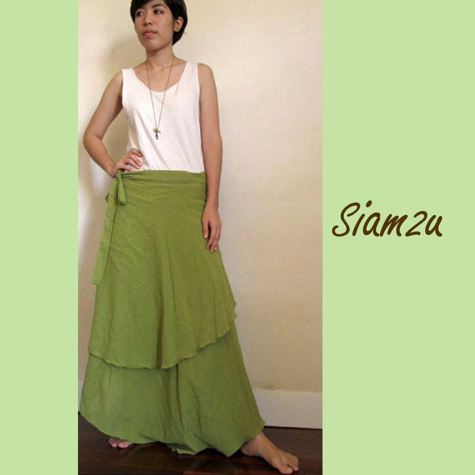 Boho Hippie Green Two Layers Soft Cotton Wrap skirt  S M L (M)