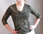 Cowl Tee size Small in new hand printed dark olive tencel wool blend