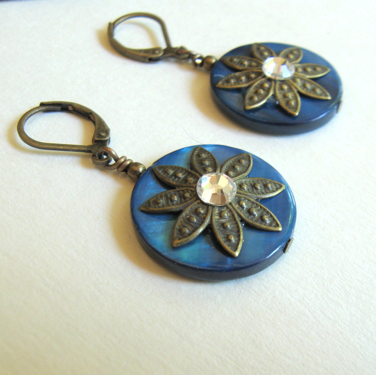 Blue Medallian, Brass, and Swarovski layered earrings tbteam tpt team