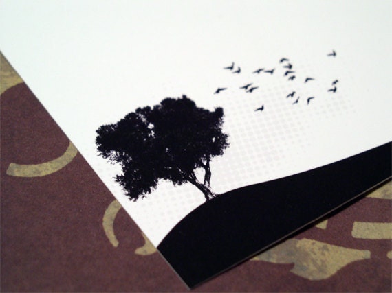 Flat Note Card Set of 6 - Tree Silhouette - Black and White Cards - Bird Tree A2 Notecards - Modern Minimalist Vector Art - Tree
