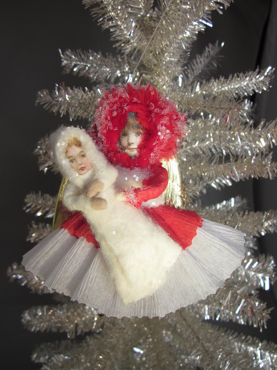 Spun Cotton Angel with Her Doll- Red and White