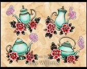 Four Turquoise Teapots Tattoo Flash - Print