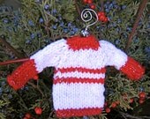 Hand Knit Silver White Sweater Ornament with Red Striping