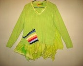 Lime Green cotton Upcycled sweater with pocket and hand dyed gauze fabric