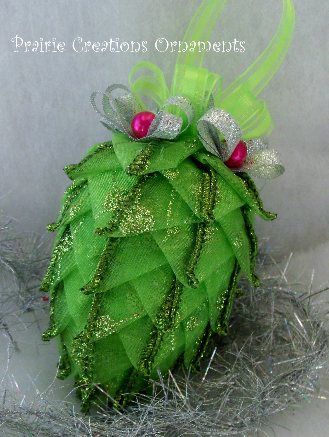 Quilted Ornament Pinecone Sparkling Lime Green Sheer Ribbon  Christmas Decor