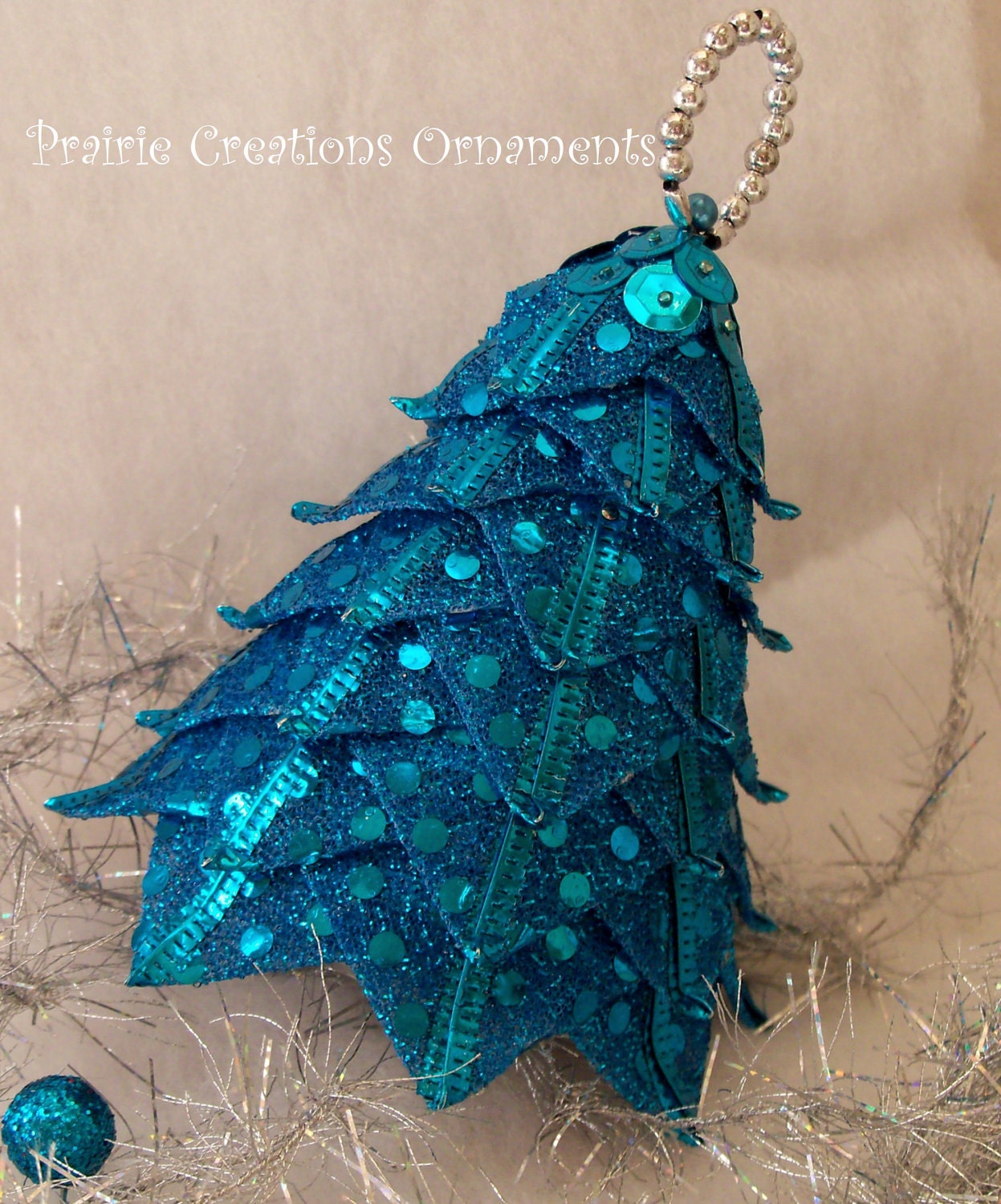 Quilted Ornament Ribbon Tree Christmas Decor Sparkling Turquoise