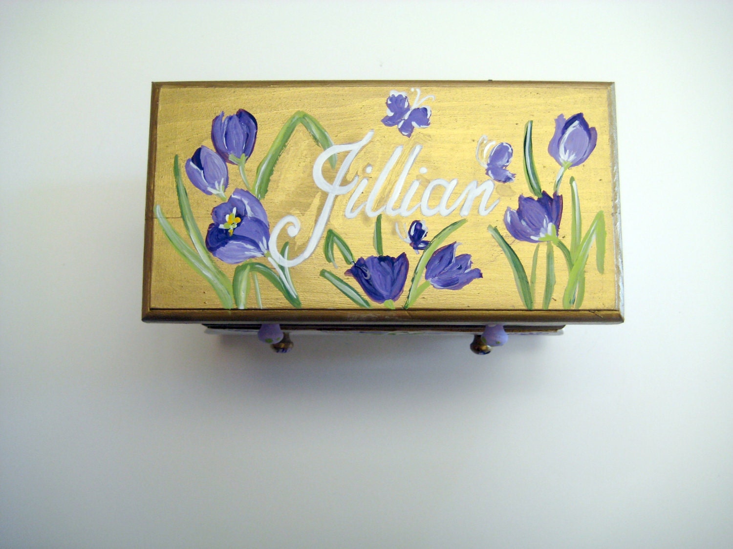 Hand painted jewelry box with purple tulips and a love letter inside from mommy and daddy