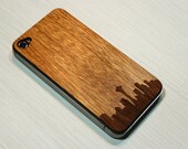 Seattle Skyline Etching on Real Wood iPhone 4 Skin Sticker