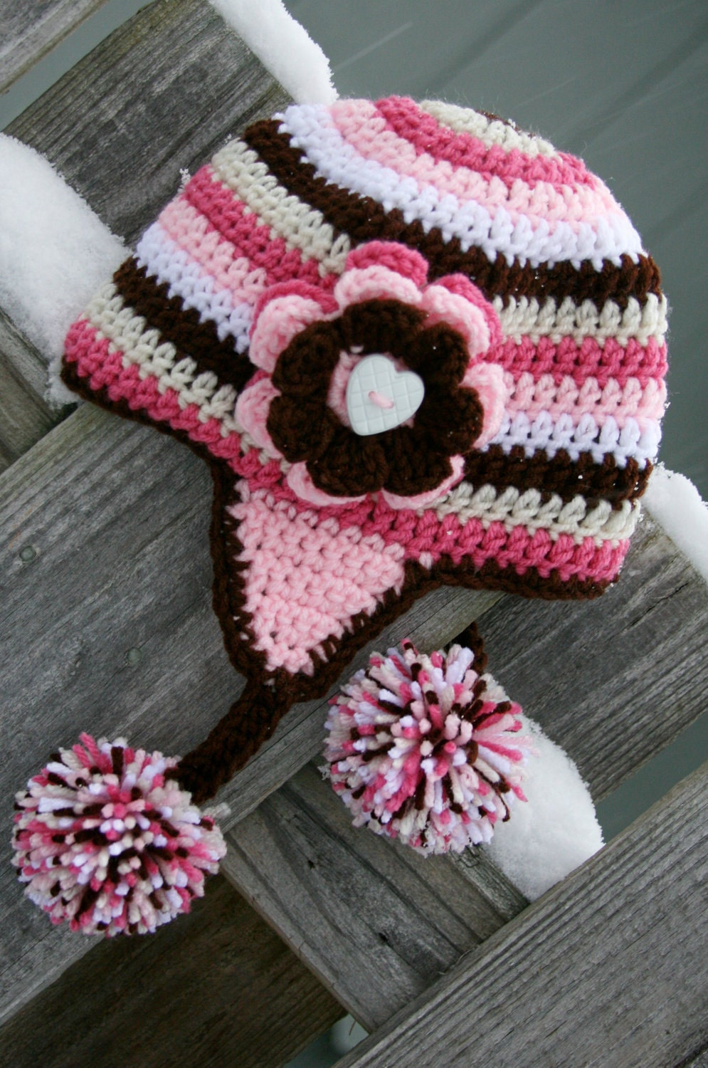 Custom Toddler Girl hat earflap pom crocheted in white pink mauve beige and brown 12-36 months