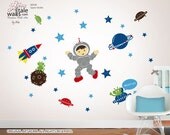 Space wall decal with stars decals, ufo, space planets, astronaut, rocket, space ship for boys room.