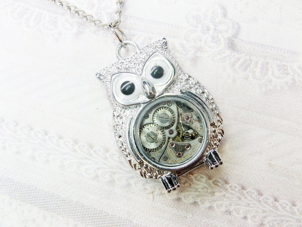 Silver Owl Necklace - Steampunk Owl Necklace - Jewelry by BirdzNbeez