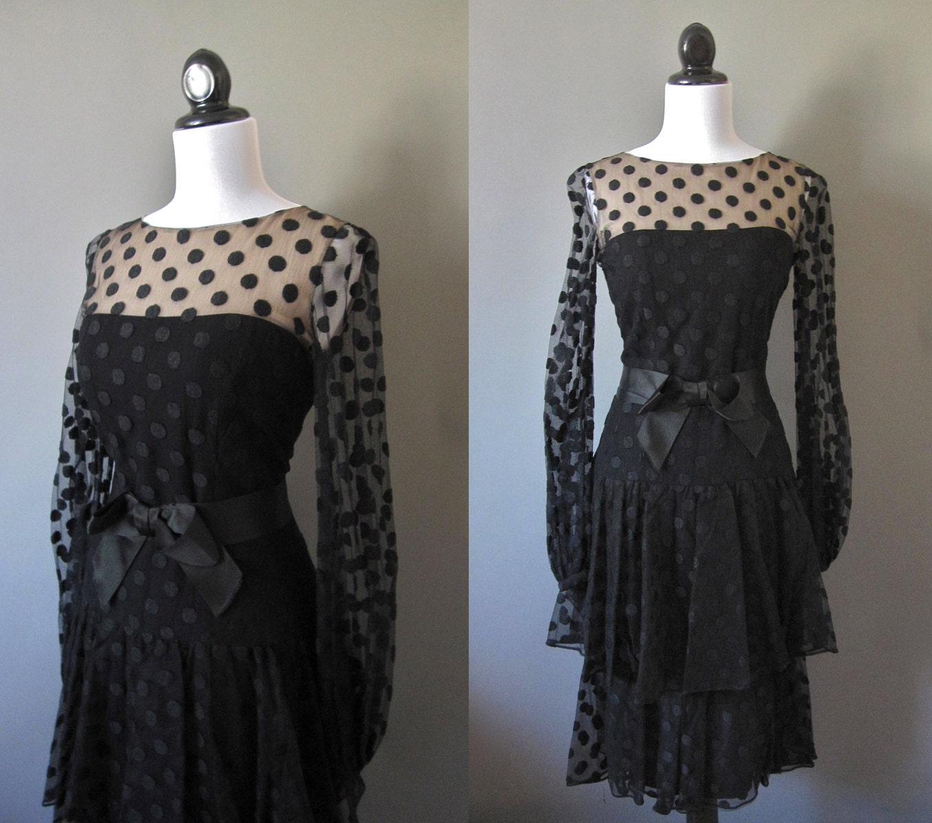 vintage 1960s black swiss dot ESTEVEZ cocktail wiggle dress with ruffles and bow