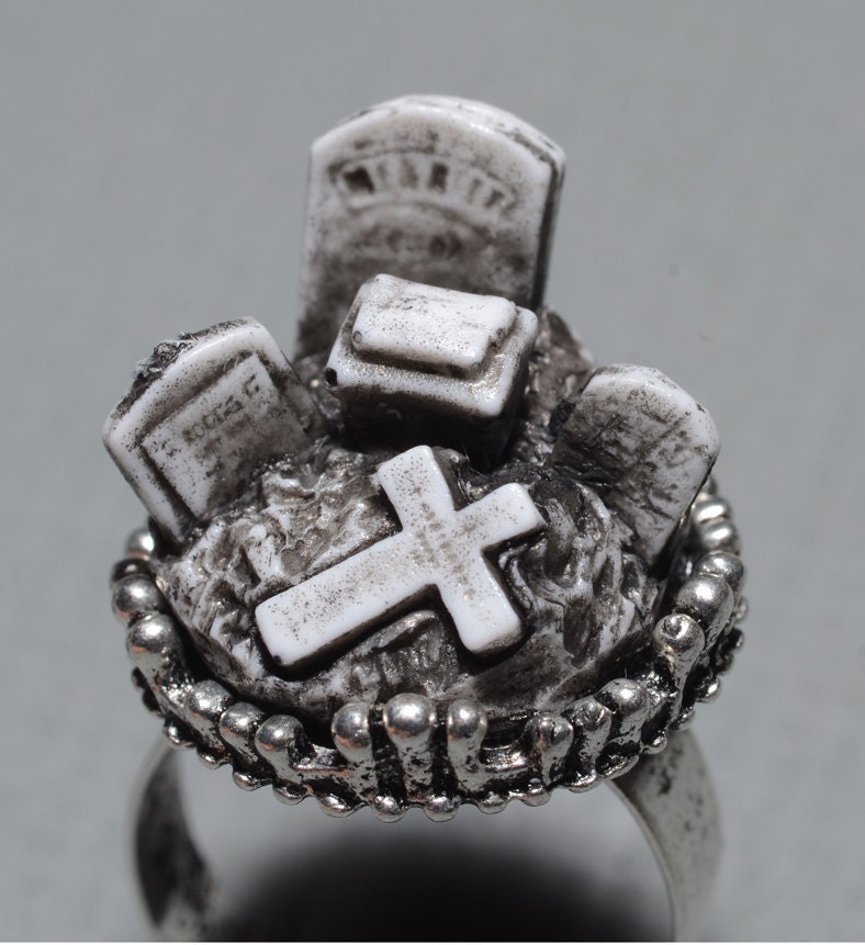Gothic Cameo Ring  - Creepy Old  Victorian Cemetery Style Cameo Ring with Tombstones - Zombie  Vampire