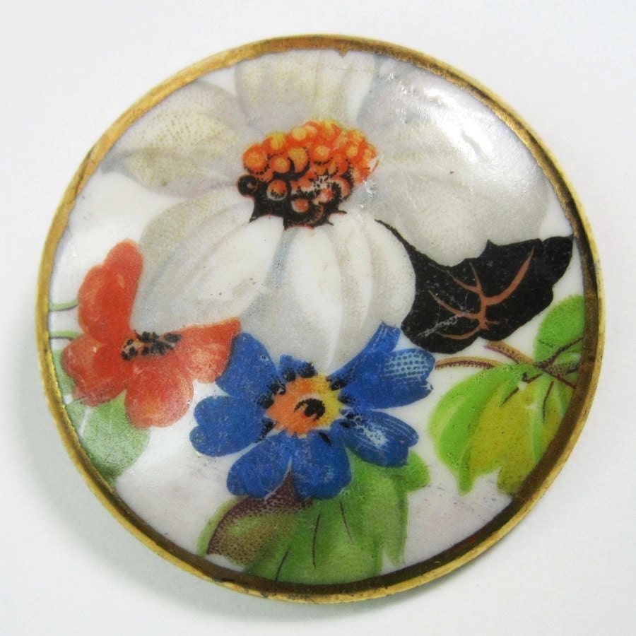1940s Vintage Porcelain Pin Brooch Hand Painted Flowers Orange Blue Green Large
