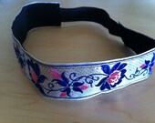 Pink/Blue Embroidered Flowers Headband (1-1/2" wide)